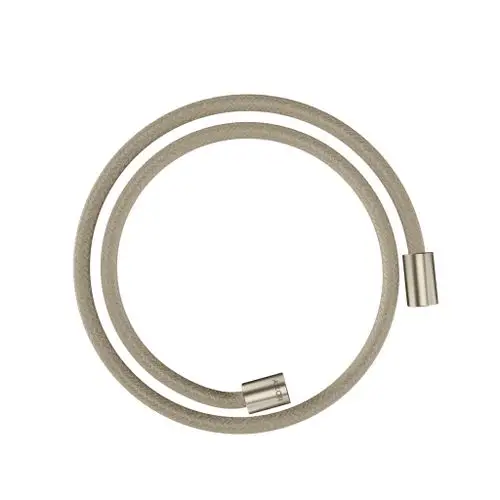 Textilbrauseschlauch in Grau mit zylindrischen Muttern aus gebürstetem Nickel, designet von AXOR. Flexible, zwei-strängige Form für Dusche.